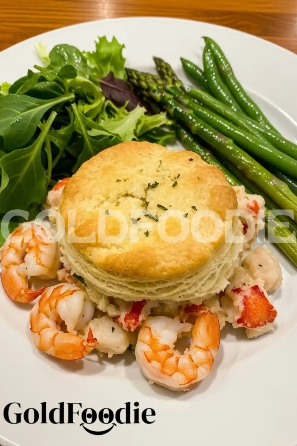 Plated Shrimp and Lobster Biscuit Pot Pie with Asparagus