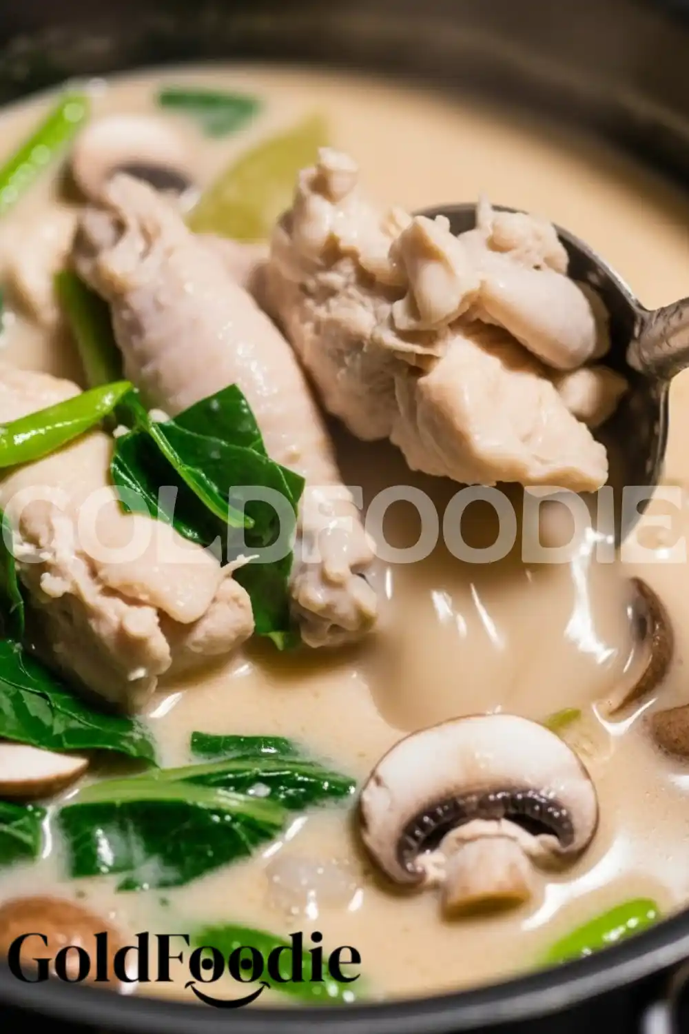 Simmering Chicken and Mushrooms in Coconut Broth