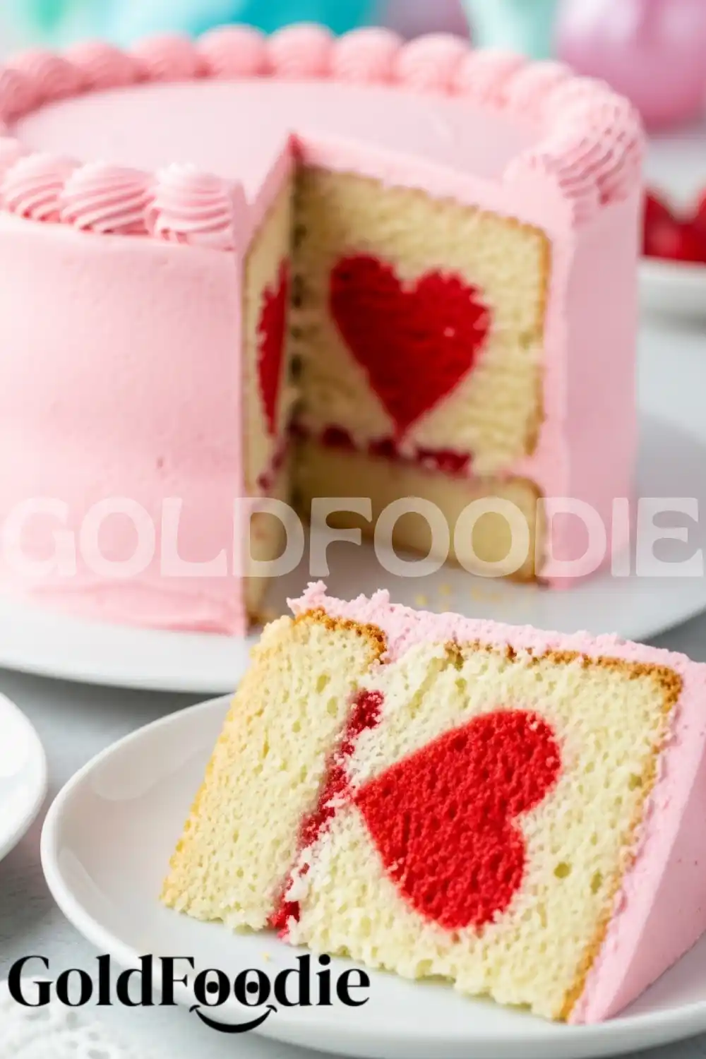 Slice of Hidden Heart Cake on Plate