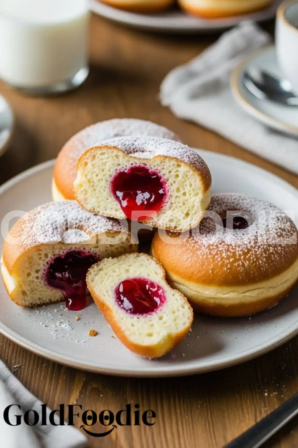Sliced Jelly Donuts with Powdered Sugar