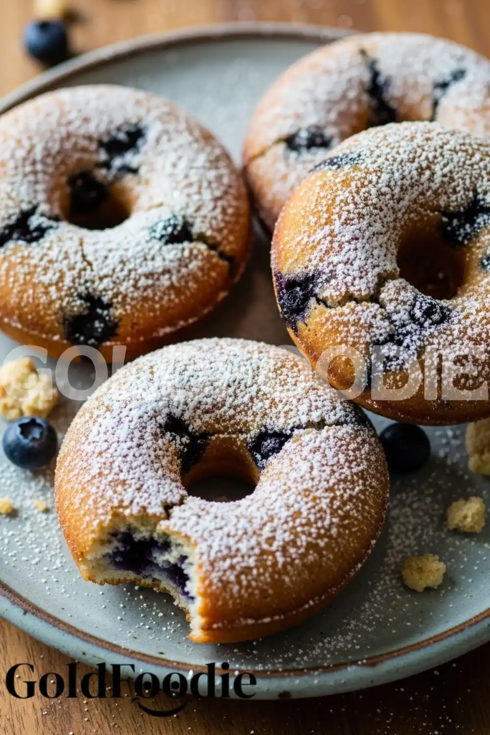Bitten Baked Blueberry Donut on Plate Bitten Baked Blueberry Donut on Plate