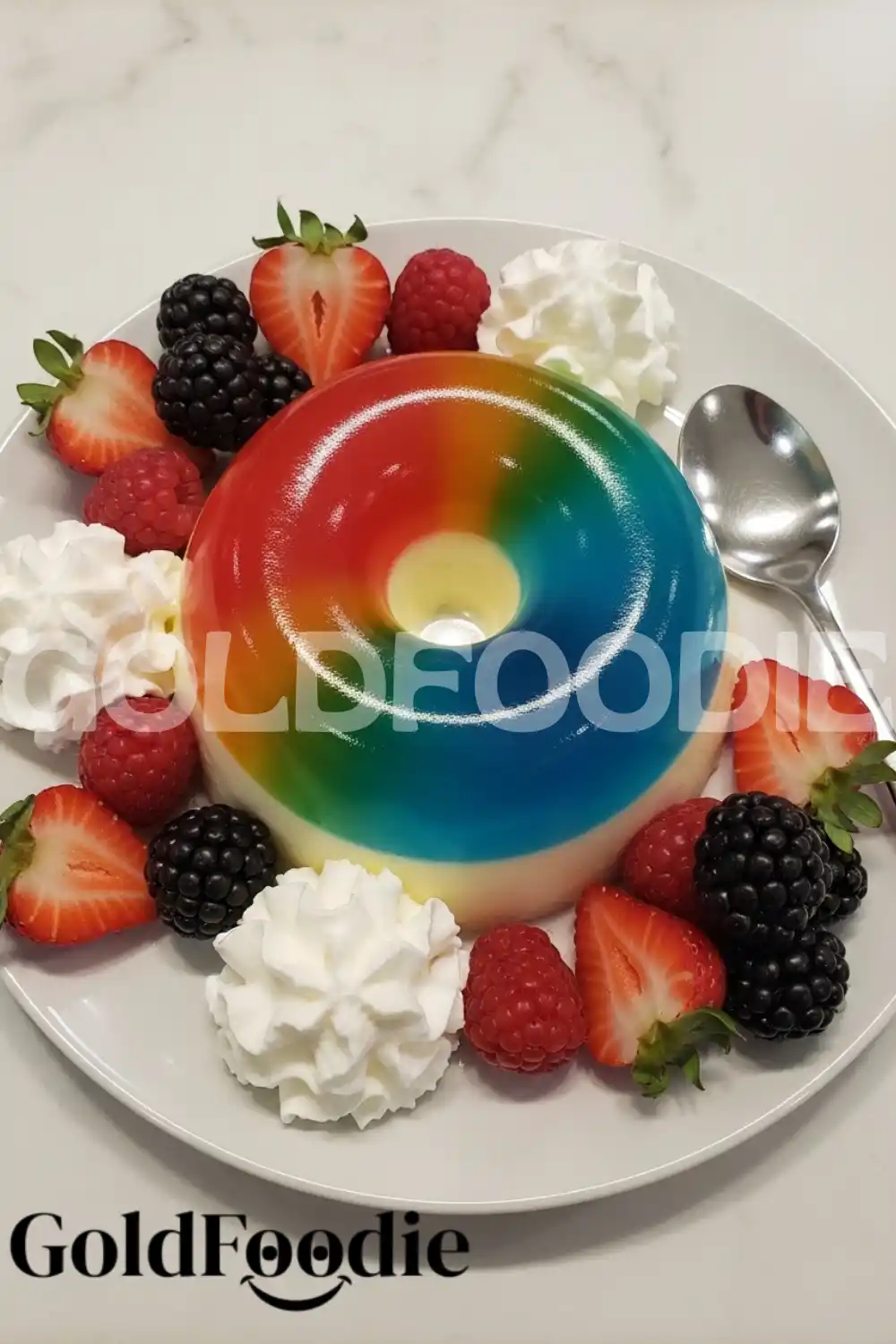 Rainbow Gelatin with Fruit and Spoon