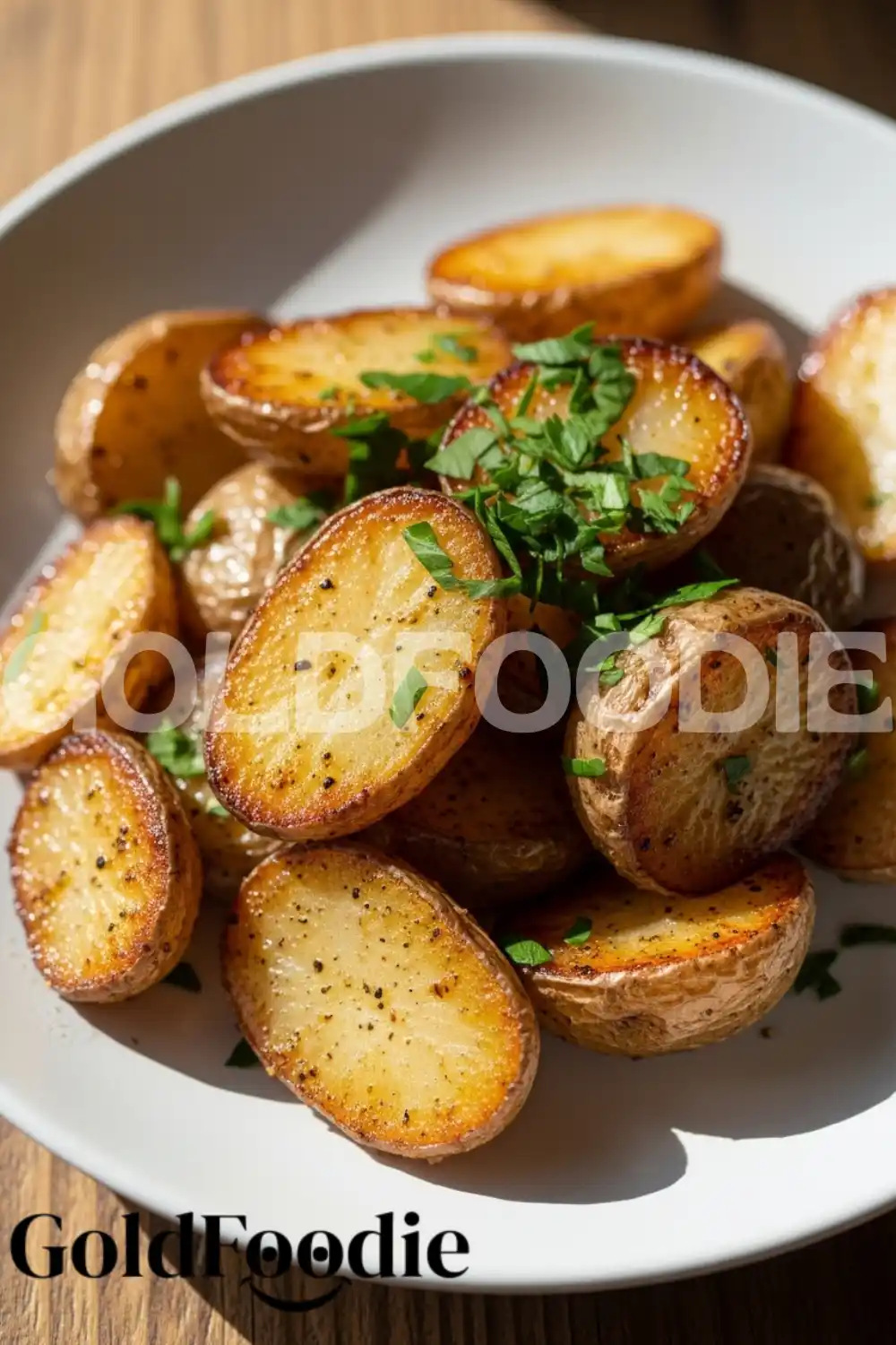 Roasted Chewy Garlic Potatoes in White Bowl