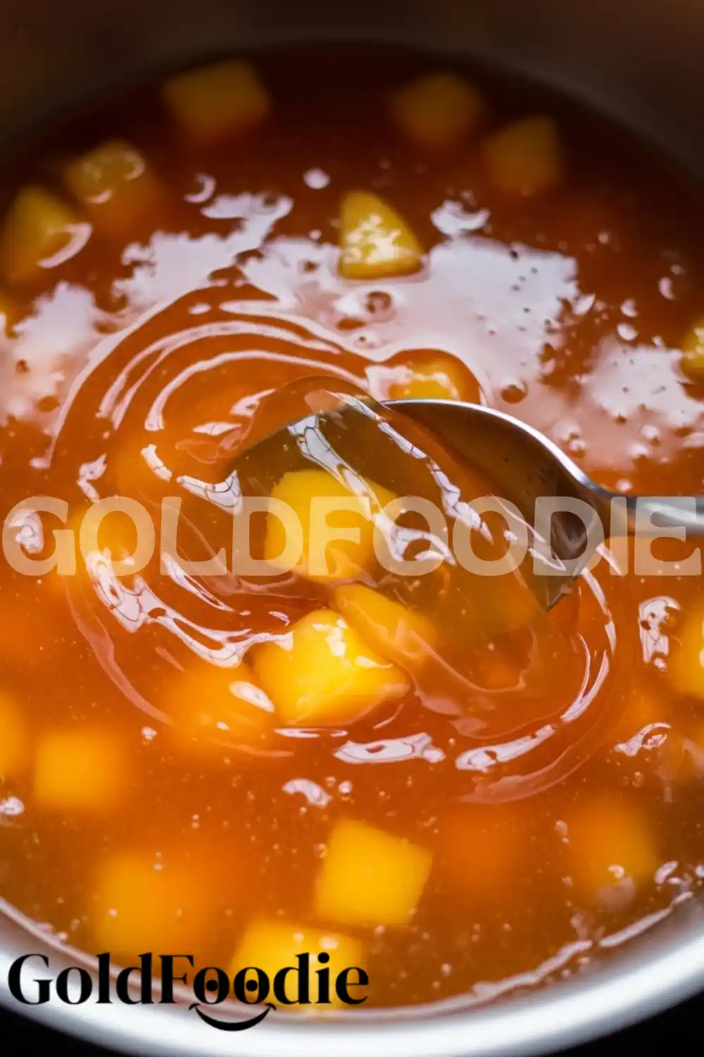 Stirring Diced Peaches into Liquid Gelatin Stirring Diced Peaches into Liquid Gelatin