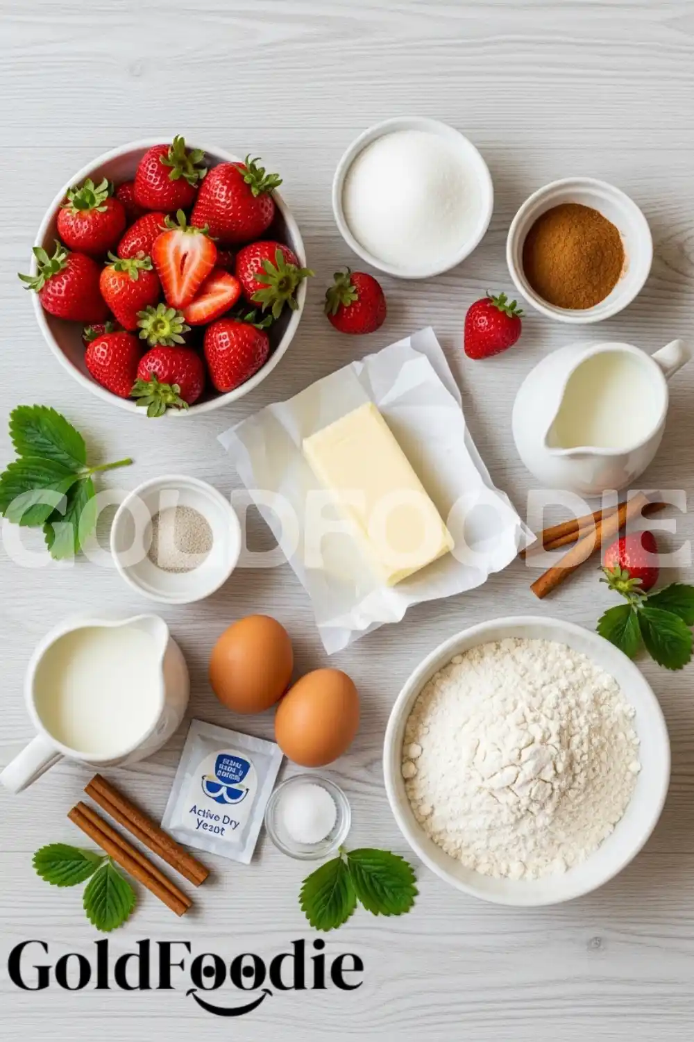Strawberry Cinnamon Roll Ingredients Flat Lay Strawberry Cinnamon Roll Ingredients Flat Lay