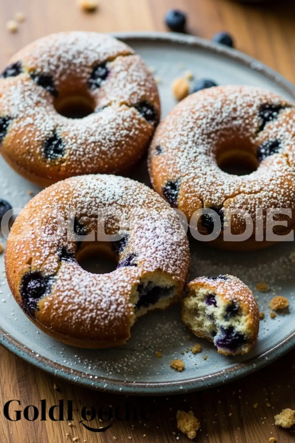 Three Powdered Blueberry Donuts with Pastry Crumbles Three Powdered Blueberry Donuts with Pastry Crumbles
