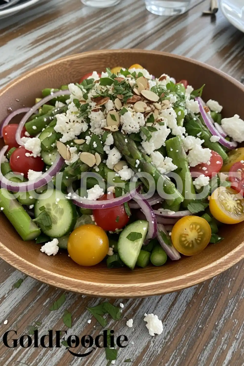 Assembled Asparagus Salad in Wooden Bowl Assembled Asparagus Salad in Wooden Bowl