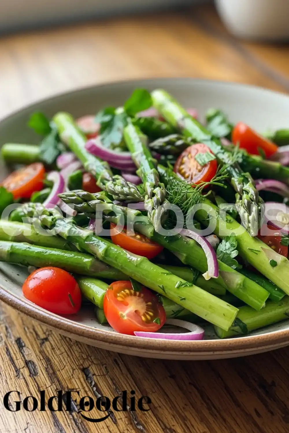 Close-up of Finished Asparagus Salad with Tomatoes Close-up of Finished Asparagus Salad with Tomatoes