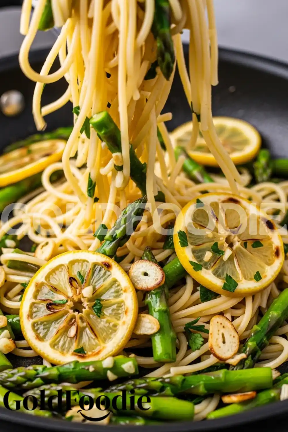 Cooking Asparagus Lemon Garlic Pasta in Skillet Cooking Asparagus Lemon Garlic Pasta in Skillet