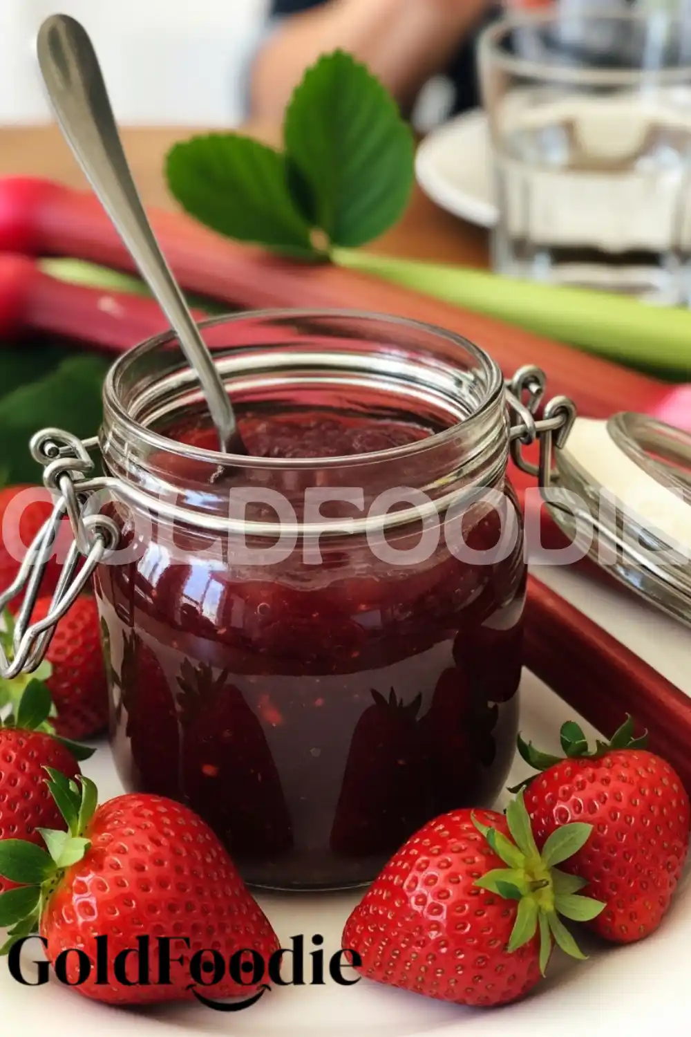 Finished Strawberry Rhubarb Jam in Jar Finished Strawberry Rhubarb Jam in Jar