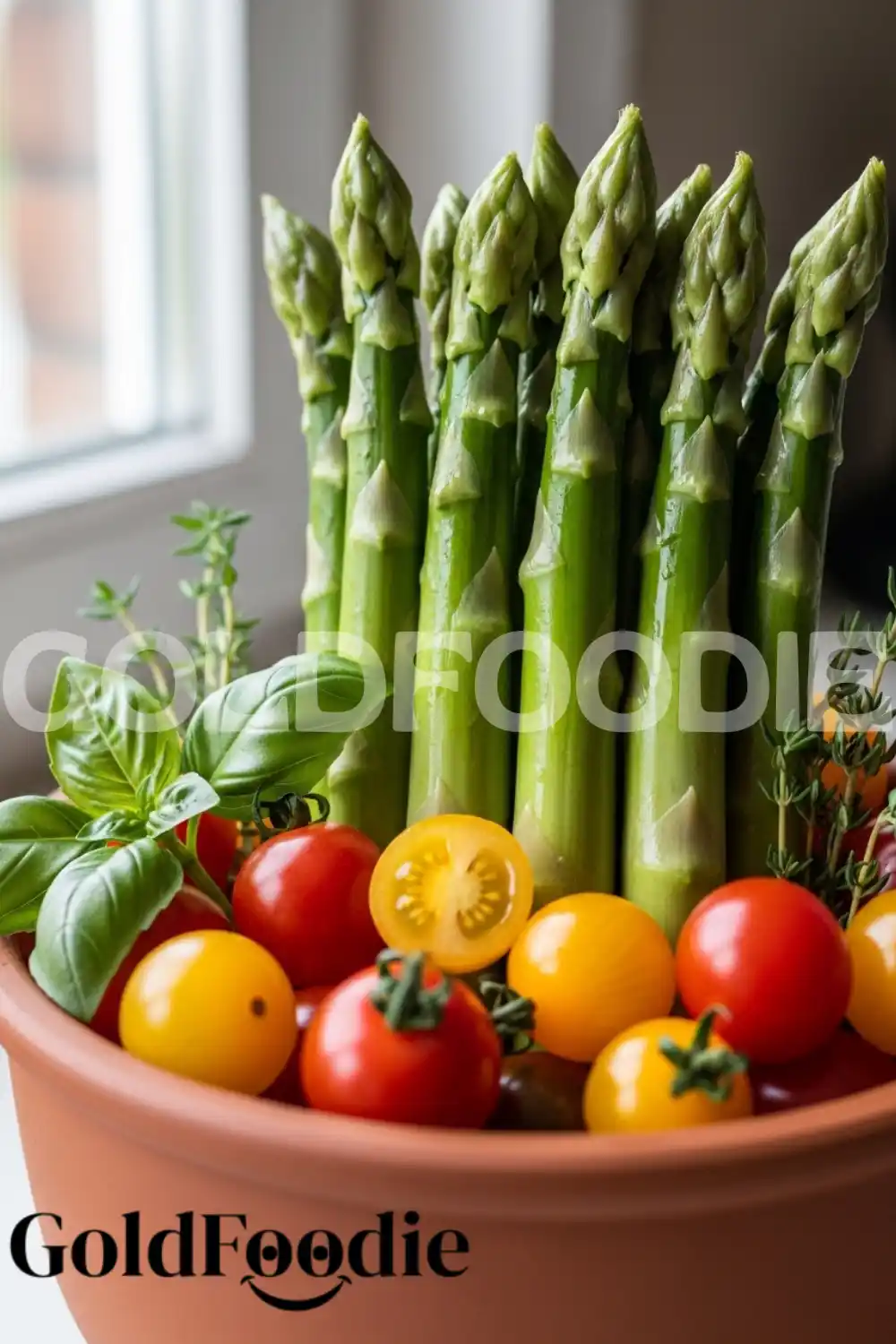 Fresh Asparagus and Cherry Tomatoes in Clay Bowl Fresh Asparagus and Cherry Tomatoes in Clay Bowl