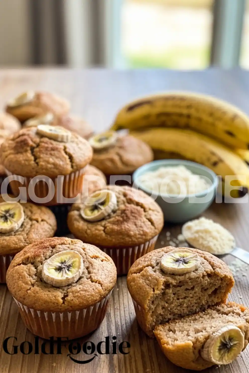 Healthy Banana Muffins with Sliced Banana Garnish Healthy Banana Muffins with Sliced Banana Garnish