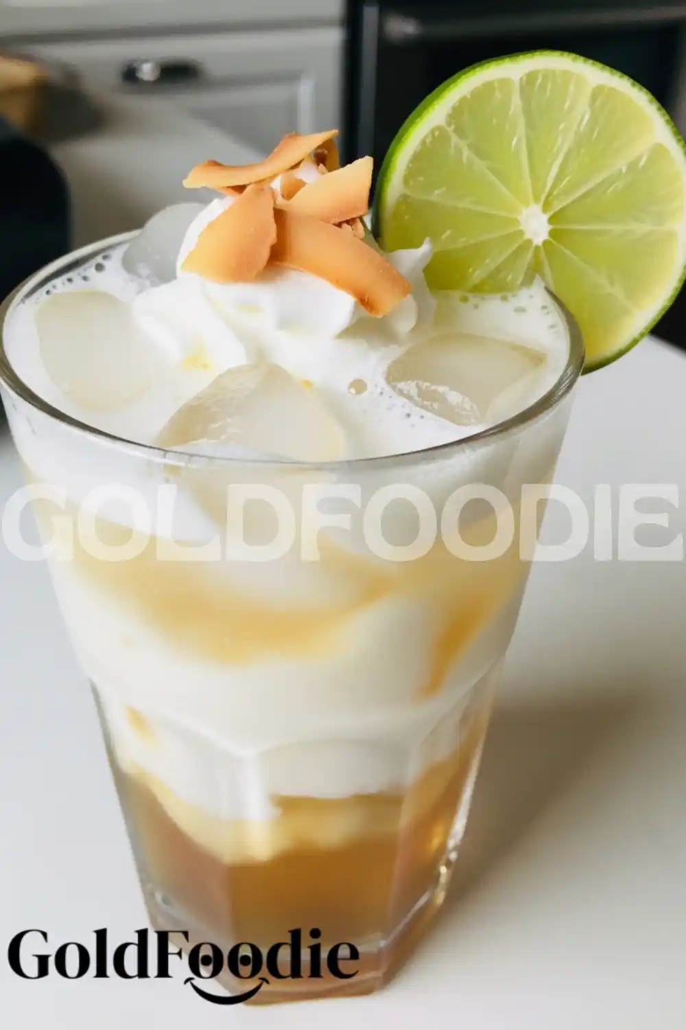 Layered Malibu Dirty Soda with Toasted Coconut Flakes