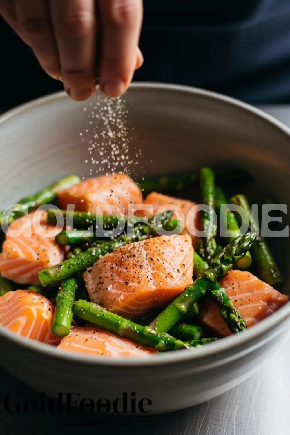 Seasoning Salmon and Asparagus in a Bowl Seasoning Salmon and Asparagus in a Bowl