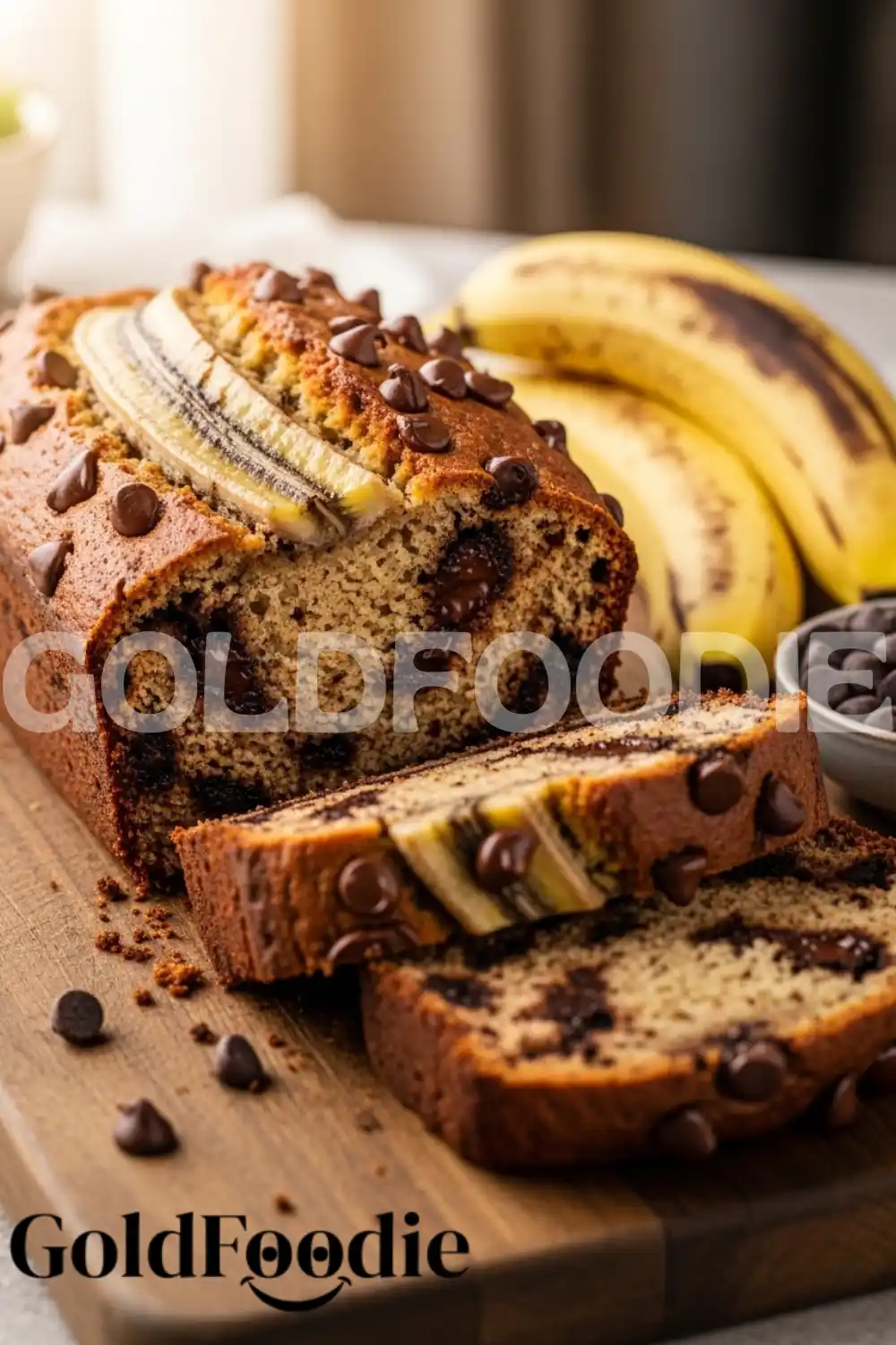 Sliced Chocolate Chip Banana Bread with Fresh Banana Topping Sliced Chocolate Chip Banana Bread with Fresh Banana Topping