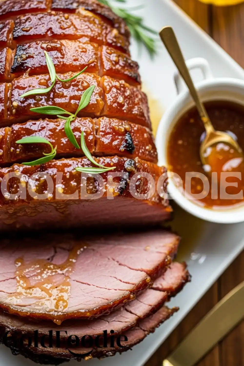 Sliced Glazed Ham with Side of Sauce Sliced Glazed Ham with Side of Sauce