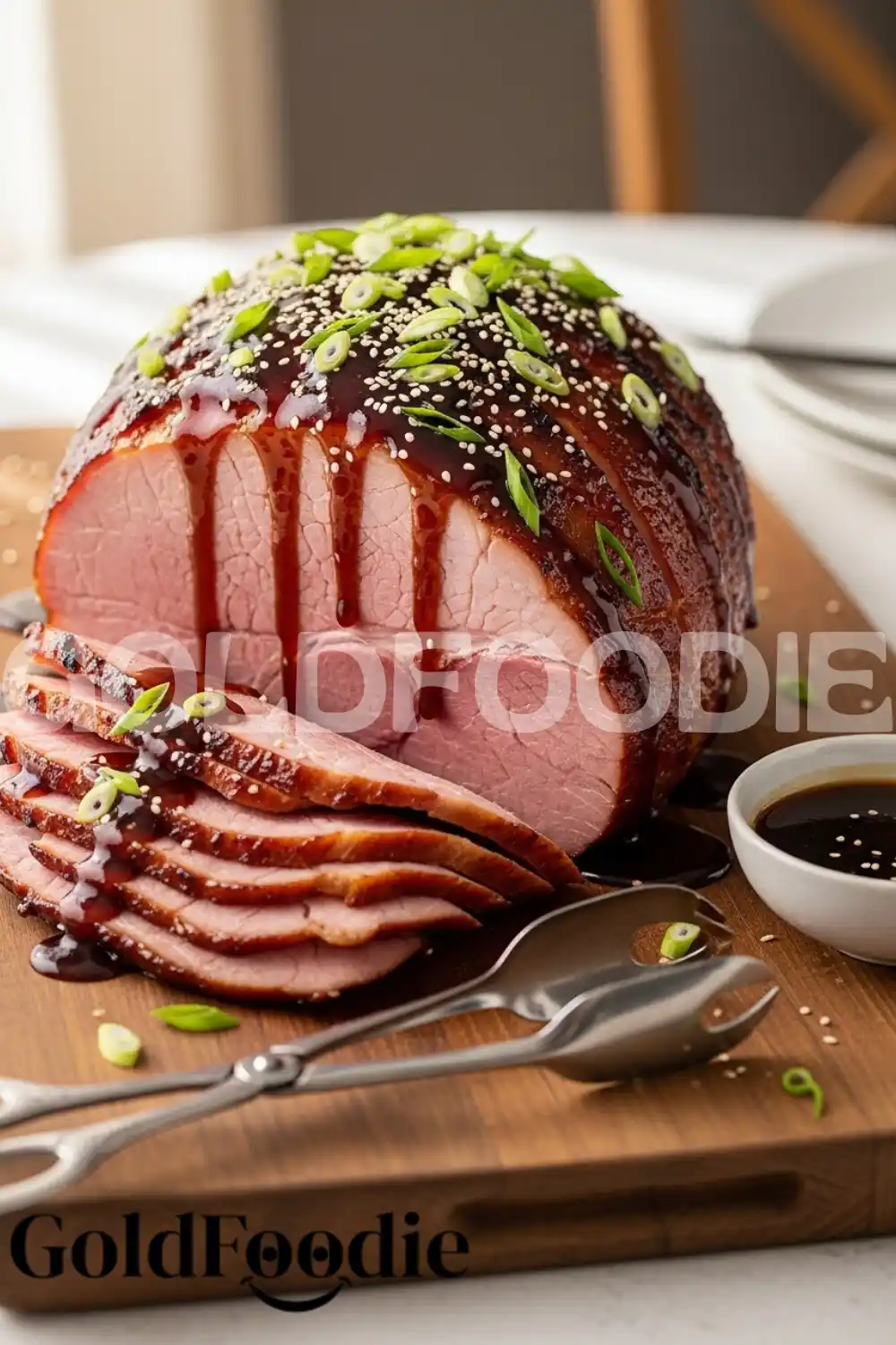 Sliced Teriyaki Glazed Ham on Dinner Table Sliced Teriyaki Glazed Ham on Dinner Table