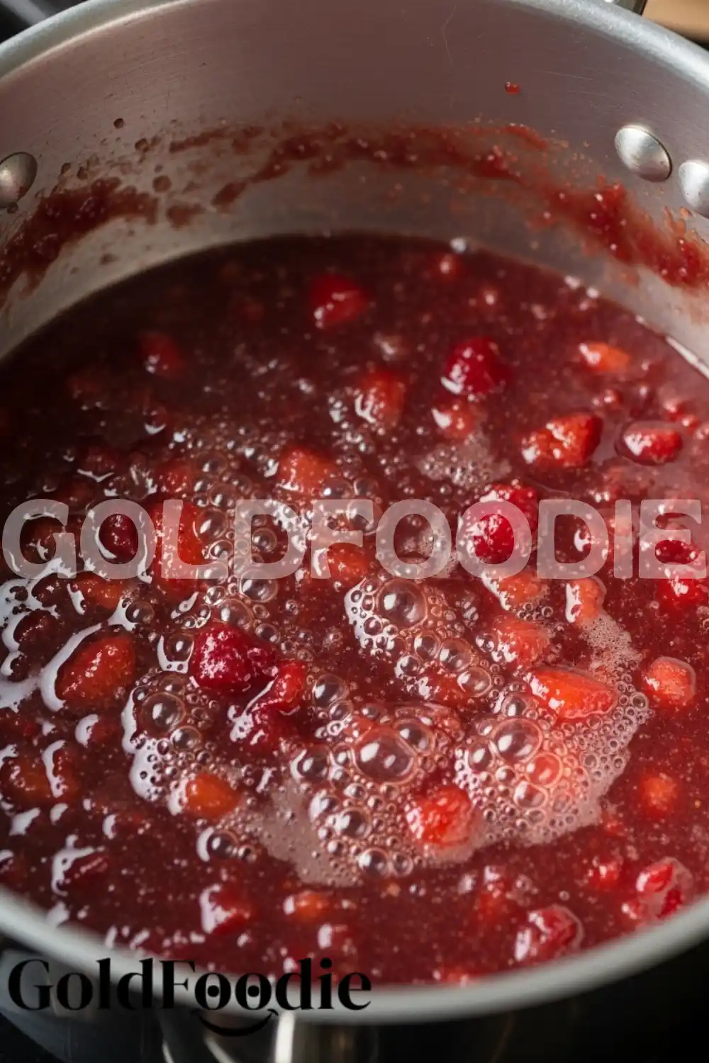 Strawberry Rhubarb Jam Simmering in Pot Strawberry Rhubarb Jam Simmering in Pot