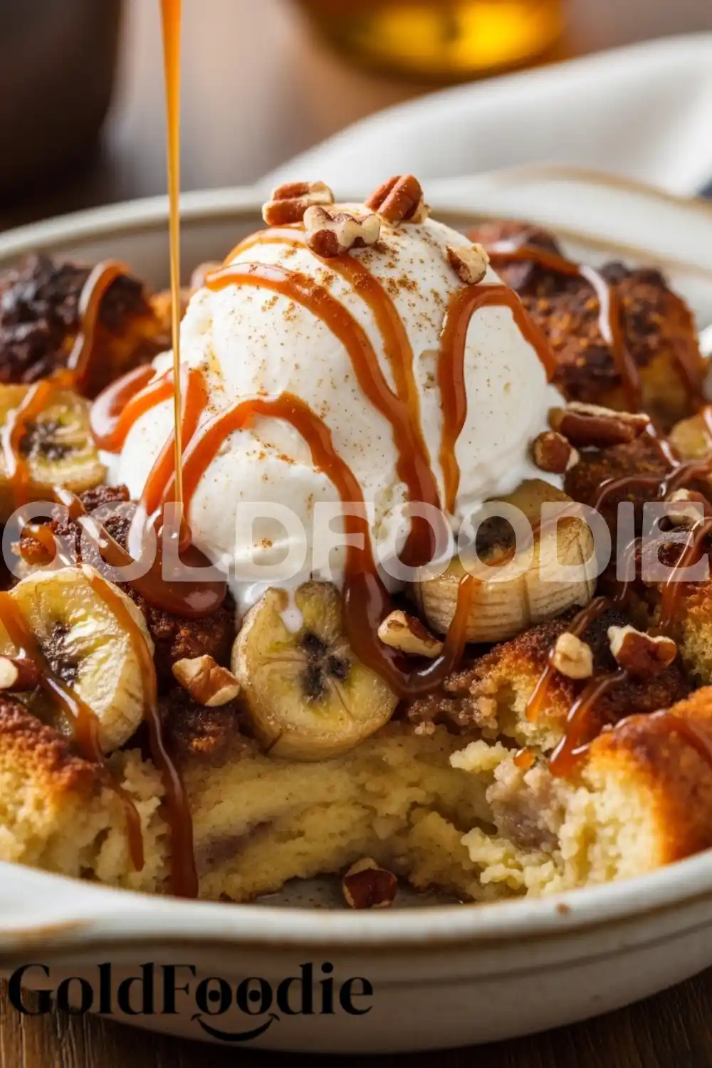 Warm Banana Bread Pudding with Pecans