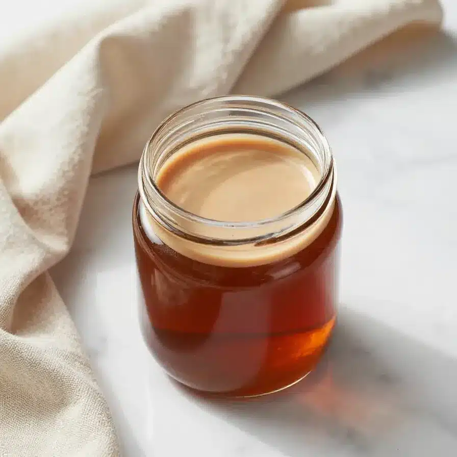 Starbucks Copycat Homemade Chai Syrup Recipe 8 A jar of homemade chai syrup with spices and a cup of chai tea on a wooden table.