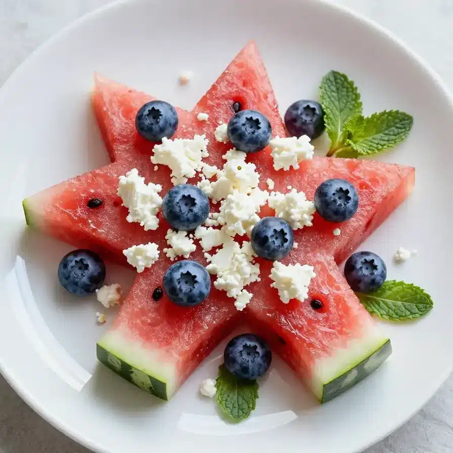 A platter of patriotic watermelon feta skewers with red, white, and blue colors.