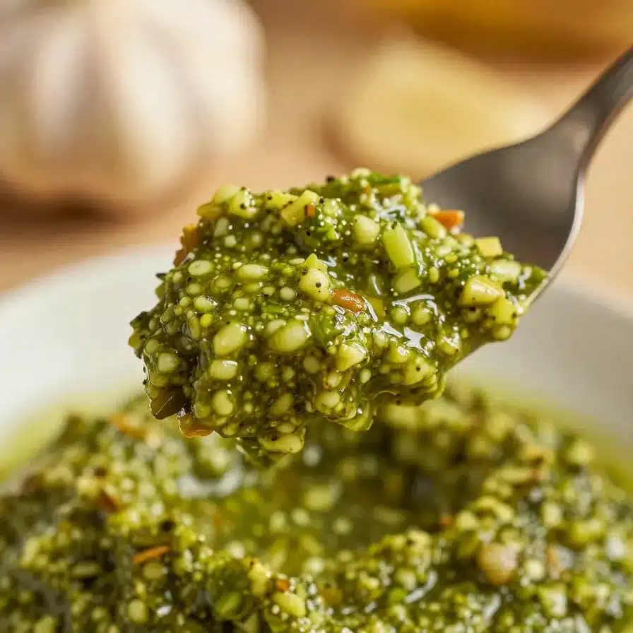 Garlic Scape Pesto 5 A bowl of vibrant green garlic scape pesto surrounded by fresh garlic scapes on a wooden table.