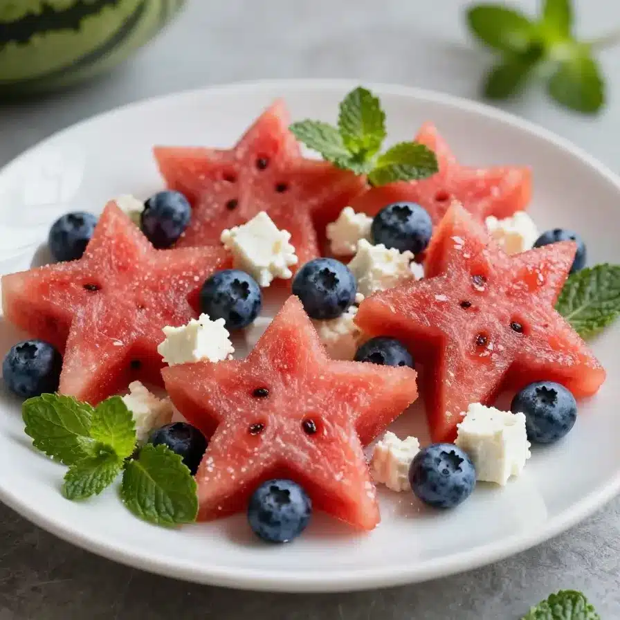 A platter of patriotic watermelon feta skewers with red, white, and blue colors.