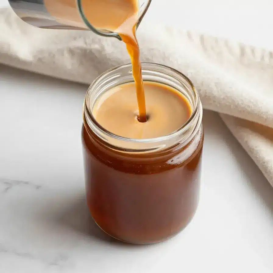 Starbucks Copycat Homemade Chai Syrup Recipe 5 A jar of homemade chai syrup with spices and a cup of chai tea on a wooden table.