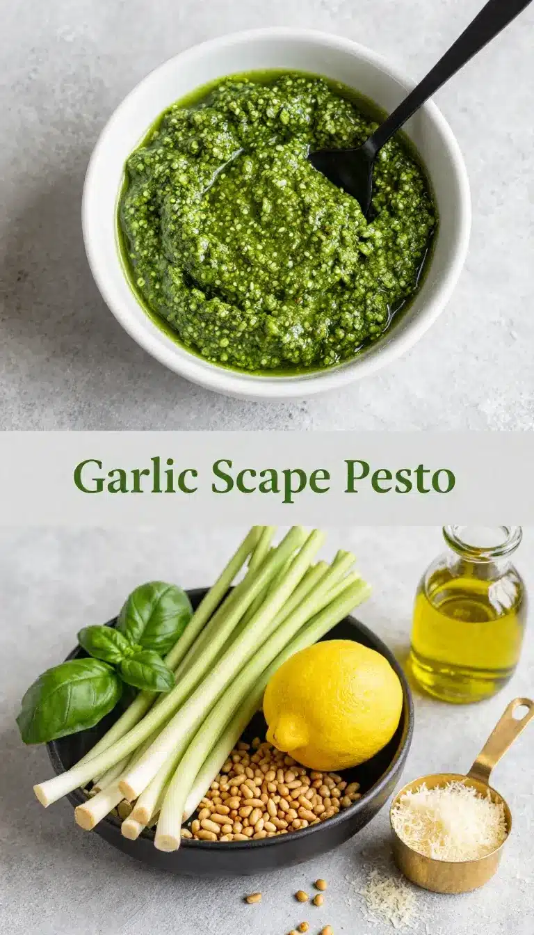 Garlic Scape Pesto 8 A bowl of vibrant green garlic scape pesto surrounded by fresh garlic scapes on a wooden table.