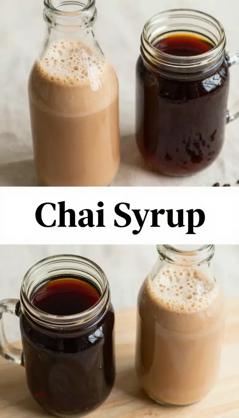 Starbucks Copycat Homemade Chai Syrup Recipe 9 A jar of homemade chai syrup with spices and a cup of chai tea on a wooden table.