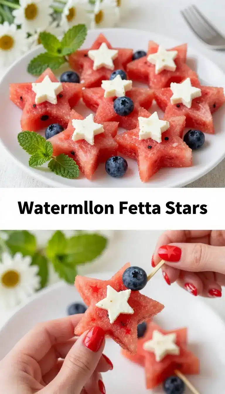 A platter of patriotic watermelon feta skewers with red, white, and blue colors.