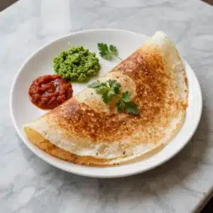 Close-up of Masoor Dal Chilla served on a plate with chutney on the side.