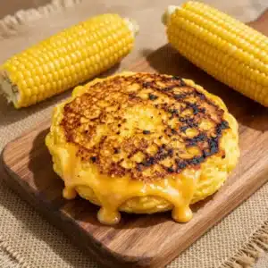 A close-up view of freshly made Venezuelan cachapas served with cheese.
