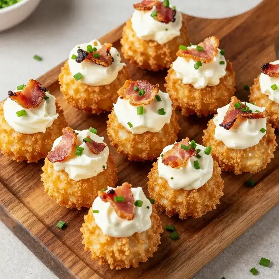 Tasty Loaded Tater Tot Appetizers 5 Close-up of crispy loaded tater tots topped with melted cheese, bacon bits, and green onions on a white plate.