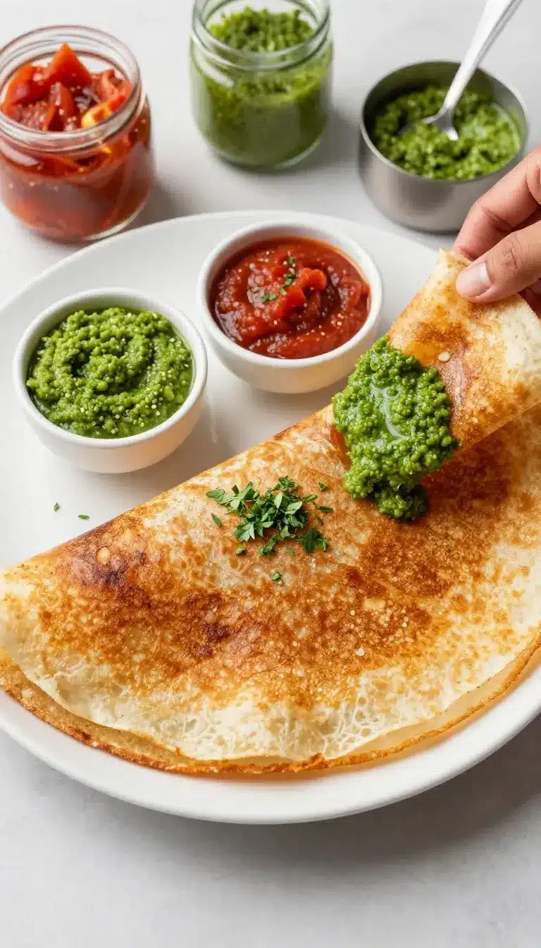 Masoor Dal Chilla | Savory Red Lentil Pancakes 9 Close-up of Masoor Dal Chilla served on a plate with chutney on the side.
