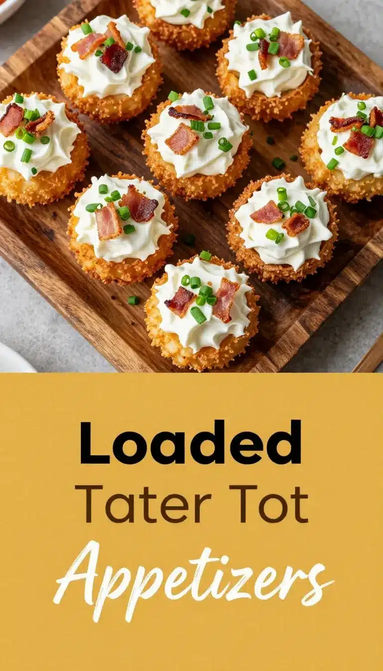 Tasty Loaded Tater Tot Appetizers 9 Close-up of crispy loaded tater tots topped with melted cheese, bacon bits, and green onions on a white plate.