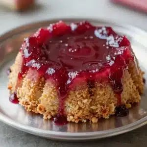 A vibrant rhubarb dessert served in a glass dish, topped with a layer of jello.