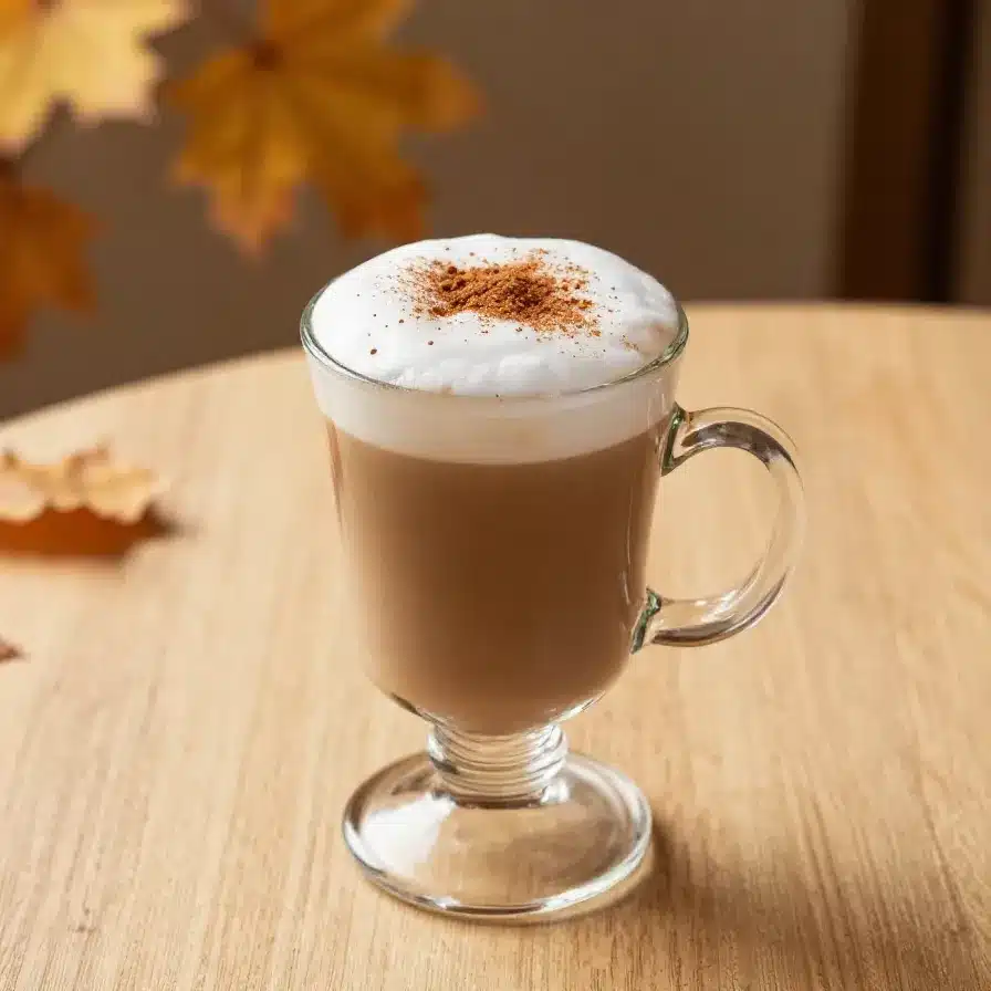 Iced Chai Latte With Pumpkin Cold Foam 8 A glass of iced chai latte topped with creamy pumpkin cold foam, served on a wooden table.