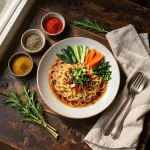 A bowl of spicy Buldak noodles topped with green onions and sesame seeds