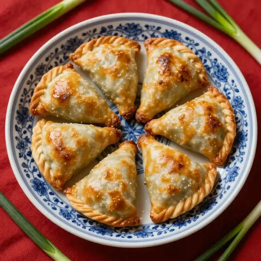 A plate of freshly baked Argentinian empanadas filled with savory ingredients, served on a wooden table.