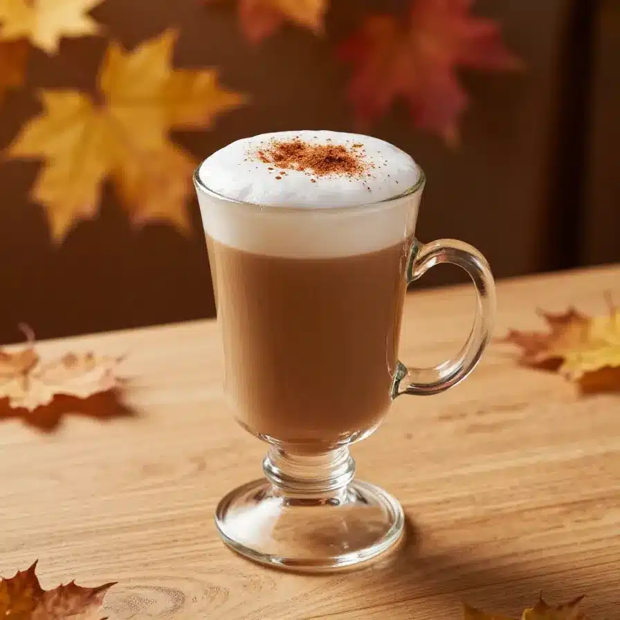 Iced Chai Latte With Pumpkin Cold Foam 5 A glass of iced chai latte topped with creamy pumpkin cold foam, served on a wooden table.
