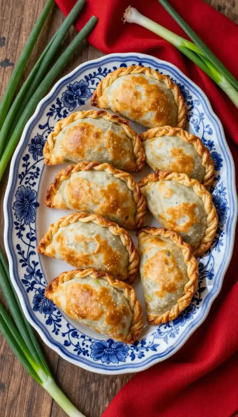 A plate of freshly baked Argentinian empanadas filled with savory ingredients, served on a wooden table.