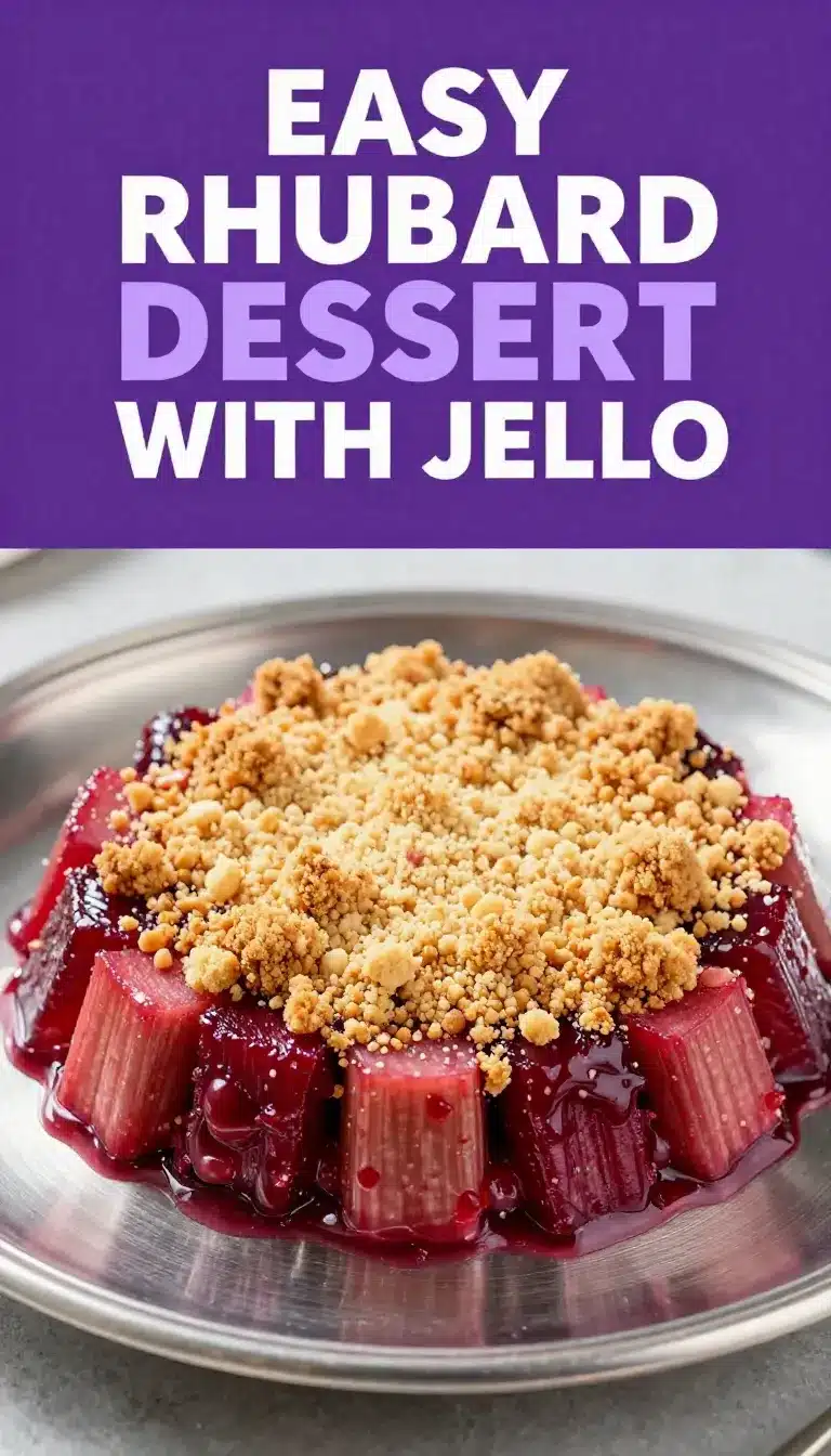 Easy Rhubarb Dessert Recipe With Jello 9 A vibrant rhubarb dessert served in a glass dish, topped with a layer of jello.
