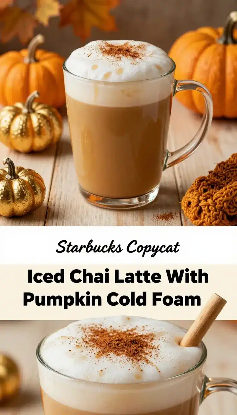 Iced Chai Latte With Pumpkin Cold Foam 9 A glass of iced chai latte topped with creamy pumpkin cold foam, served on a wooden table.