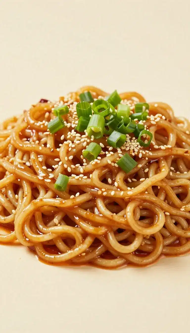 Buldak Noodles 8 A bowl of spicy Buldak noodles topped with green onions and sesame seeds