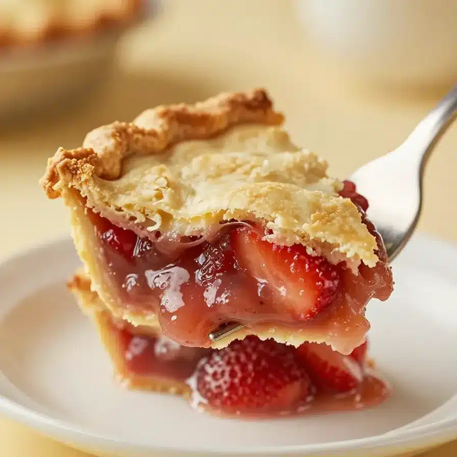 Close-up of a bowl filled with vibrant strawberry rhubarb pie filling.