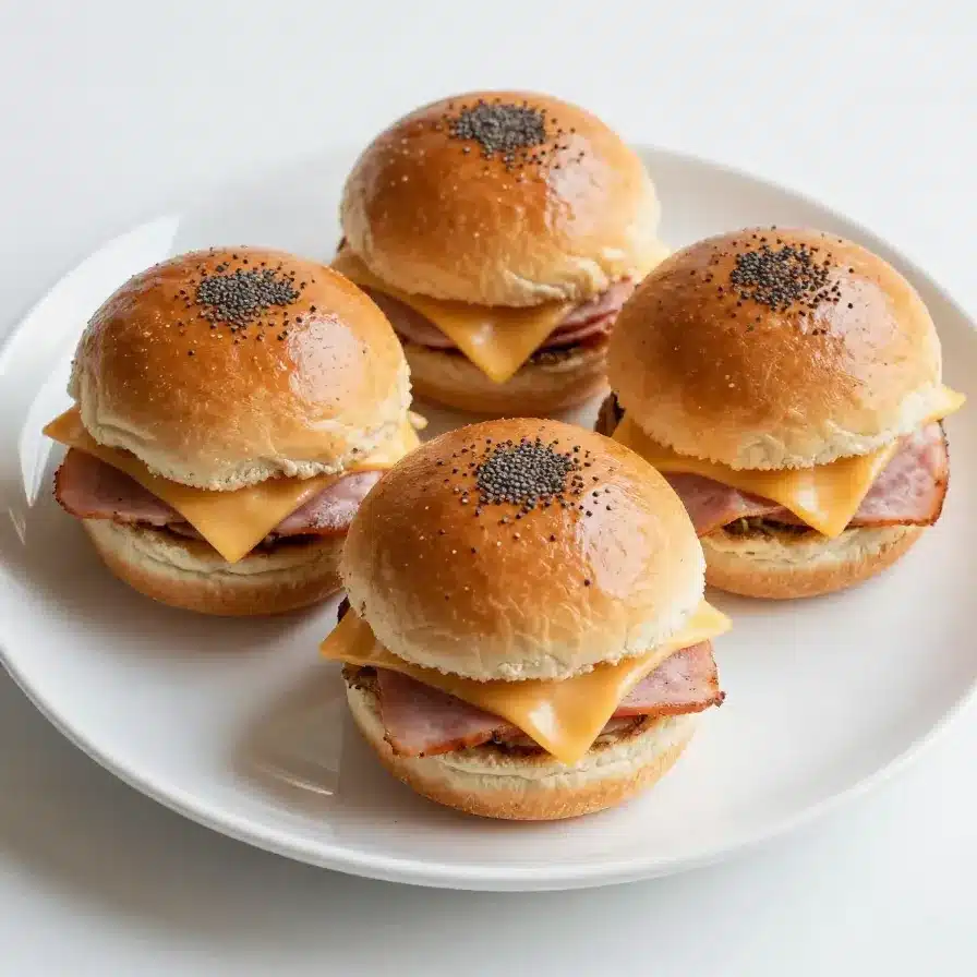 Close-up of freshly baked ham and cheese sliders on a wooden tray.
