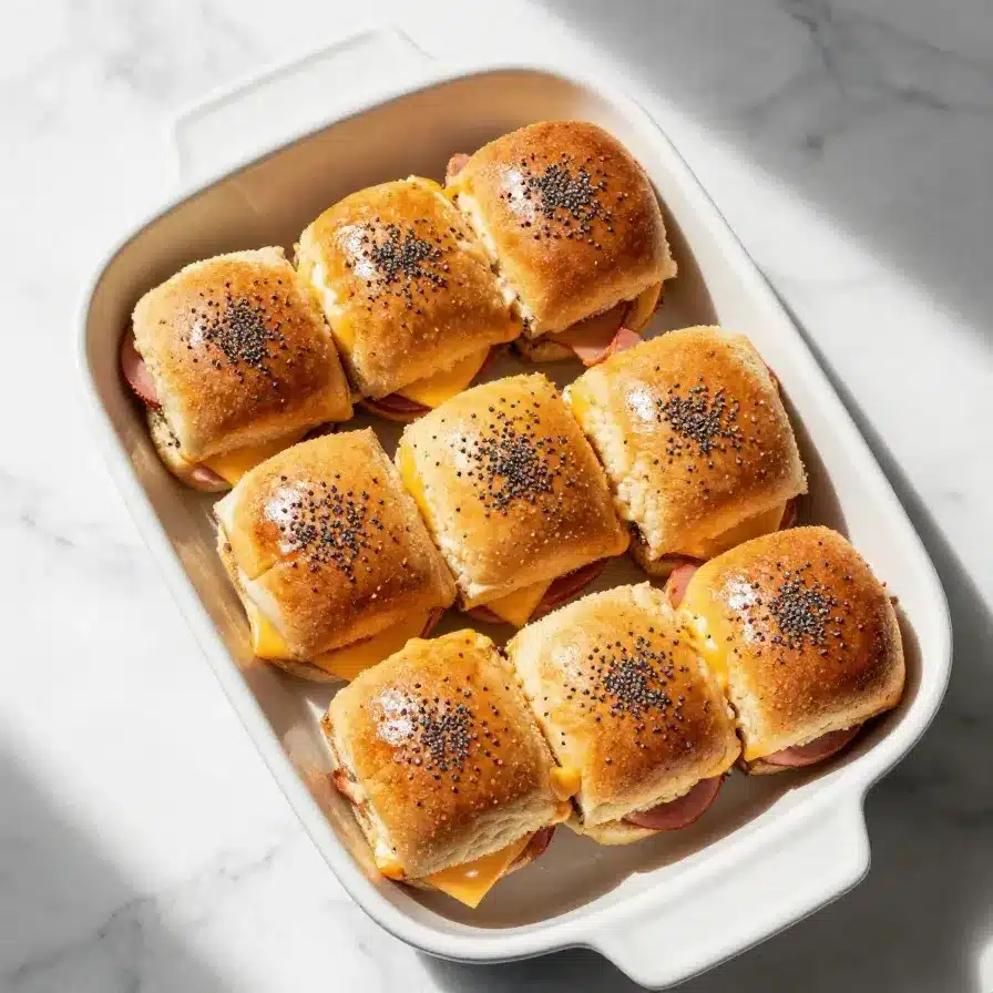 Ham and Cheese Sliders 5 Close-up of freshly baked ham and cheese sliders on a wooden tray.