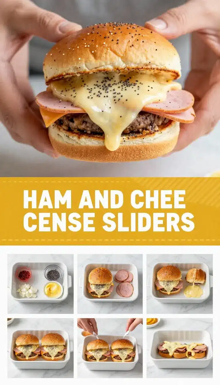 Ham and Cheese Sliders 9 Close-up of freshly baked ham and cheese sliders on a wooden tray.