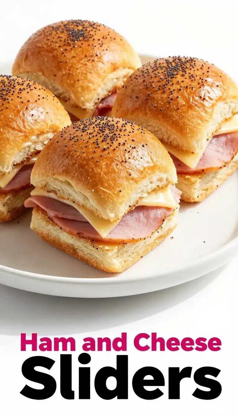 Close-up of freshly baked ham and cheese sliders on a wooden tray.
